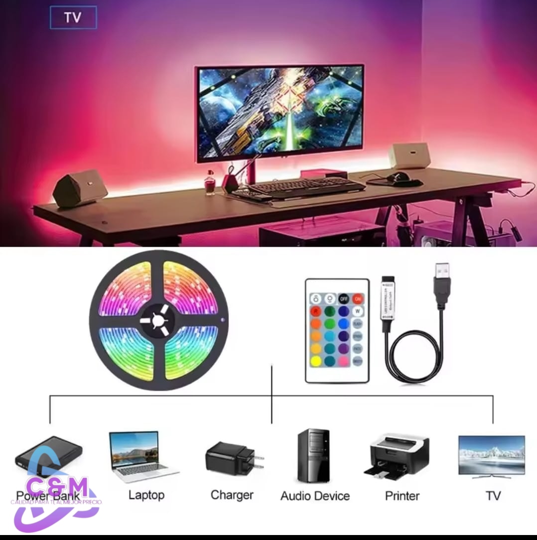 INV 5M LUZ LED RGB MULTICOLOR CON USB 5V, CONTROLADOR 3 TECLAS TEC8